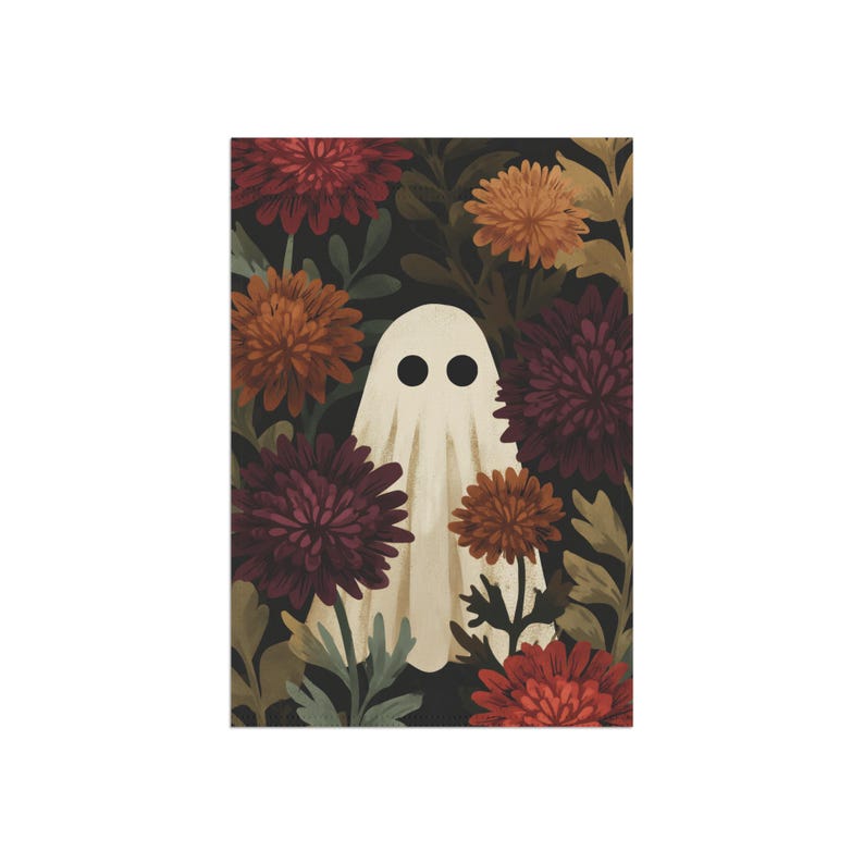 Cottagecore Halloween garden flag, moody autumn ghost yard banner, dark floral gothic home outdoor flag with whimsical botanical mushrooms and crescent moon, double sided weather resistant, vintage fall home decor, witchy spooky flag, modern gothic garden art, enchanted autumn yard and patio accent
