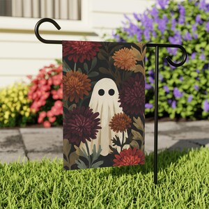 Whimsical ghost garden flag for fall, dark cottagecore autumn flag, moody floral gothic decor, Halloween outdoor garden flag with mushrooms, stars, botanical autumn flowers, double sided weather resistant, witchy porch flag, modern gothic home decor, witch cottage fall yard accent, mystical autumn gift