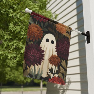 Mystical fall garden flag with ghost, moody cottagecore Halloween house flag, gothic dark autumn floral banner, enchanted porch yard art, purple and cream botanic accents, whimsical mushrooms, weather resistant double sided, witchy garden decor, modern goth front door and patio seasonal flag, autumn vibes gift