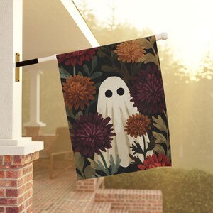 Botanical Halloween ghost house flag, dark academia garden banner for autumn porch, moody flower and mushroom design, spooky cottagecore ghost art, weatherproof double sided, night garden yard flag, gothic Halloween outdoor decor, enchanted fall gothic home gift, witchy autumn front yard accent