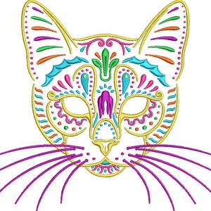 Può includere: Un viso di gatto colorato con un design dettagliato in stile messicano tradizionale. Il viso del gatto è delineato in giallo e riempito con colori vivaci come rosa, blu, verde e arancione.