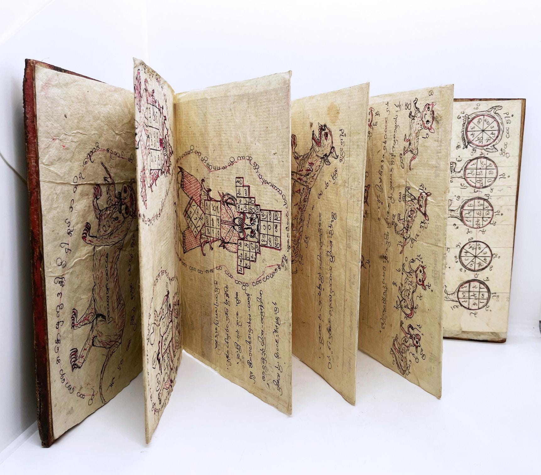 Parabaik Ancient Burmese Magical Buddhist Accordion Handwritten Astrological Magical Tattoos - Myanmar Burma Shan