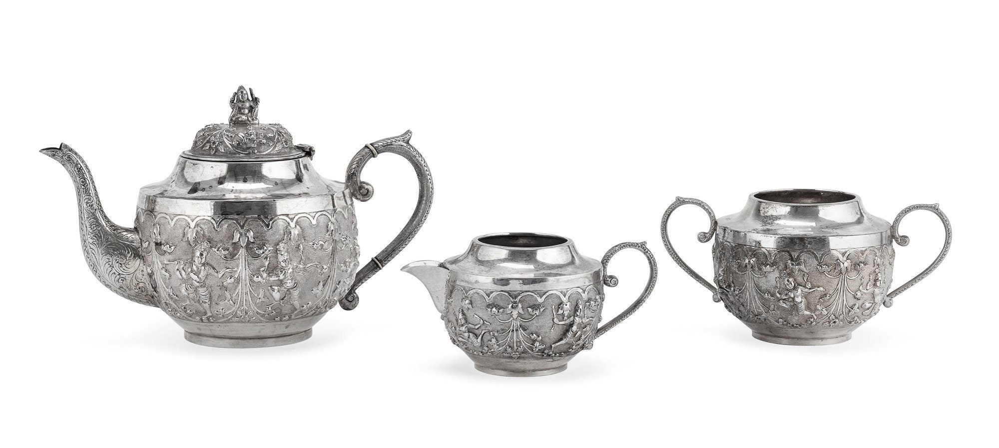 Antique Indian Tea Set Swami Shiva 900 Silver Indian Raj Madras Early