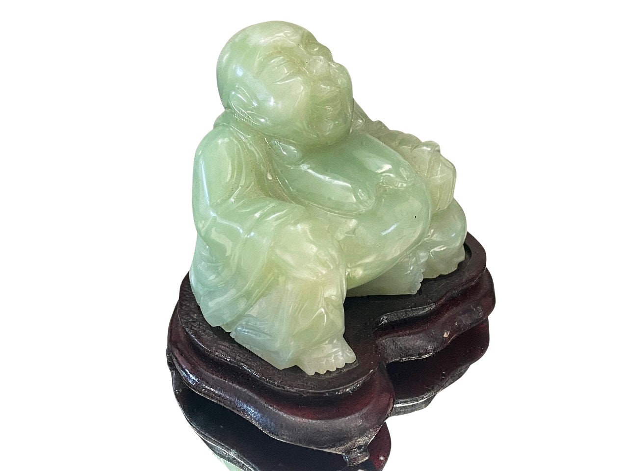 天然翡翠彫刻の大型布袋様（笑う仏像）、木製台座付き - 正味重量537.6 