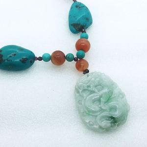 Necklace with turquoise, carnelian, amethyst, and certified A-grade jade pendant - Dragon