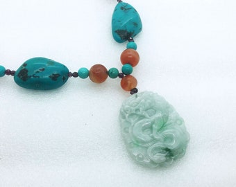 Turquoise carnelian amethyst necklace and pendant in certified jade A - Dragon