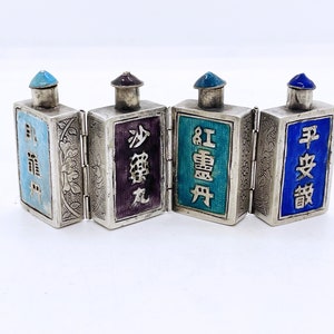 Antique Chinese 4 in 1 Folding Medicine Snuff Bottles - Tested Silver & Enamel - Qing China Circa 1900