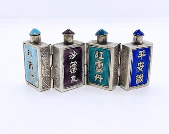 Antique Chinese 4 in 1 Folding Medicine Snuff Bottles - Tested Silver & Enamel - Qing China Circa 1900
