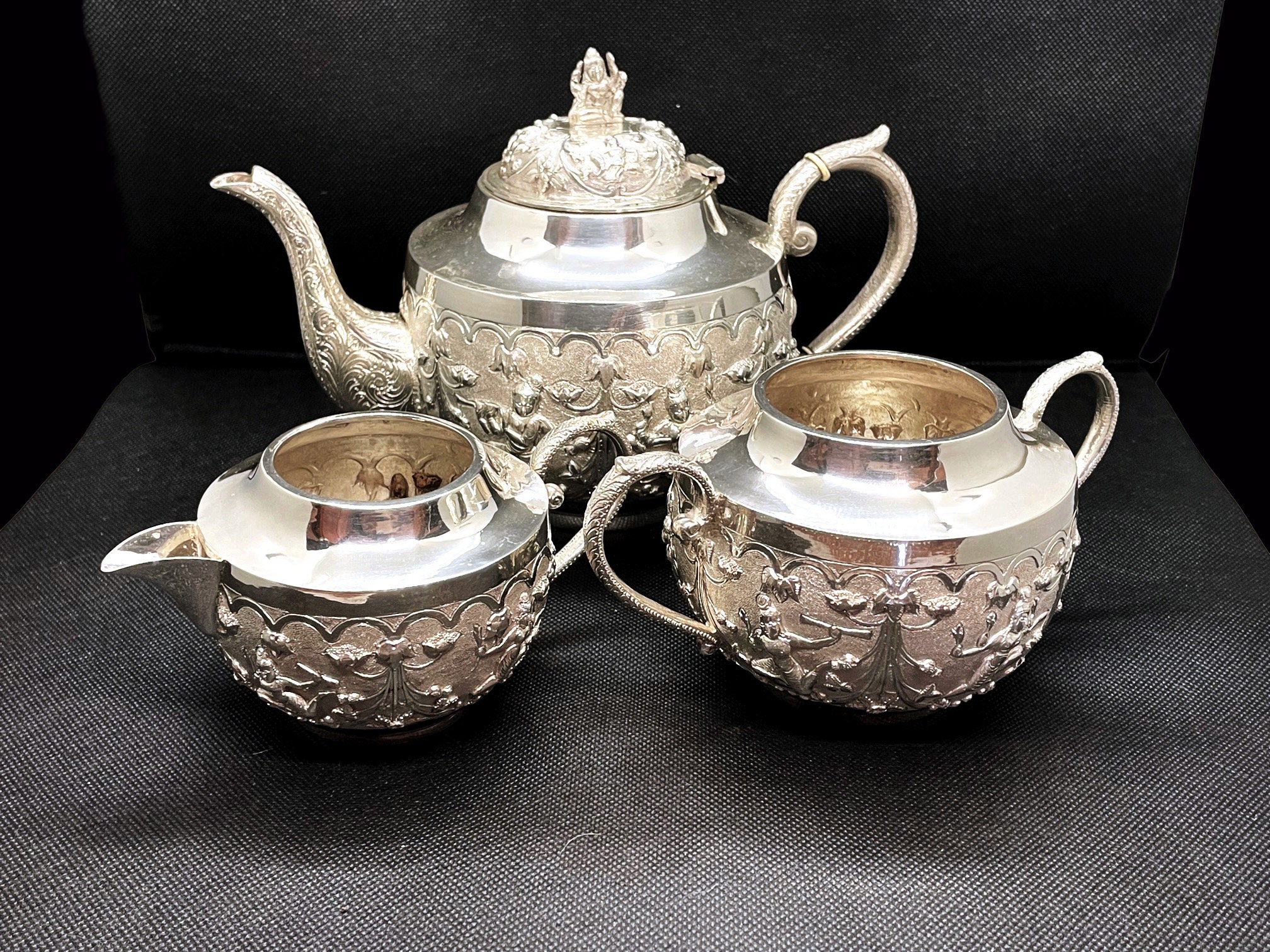 Antique Indian Tea Set Swami Shiva 900 Silver Indian Raj Madras Early