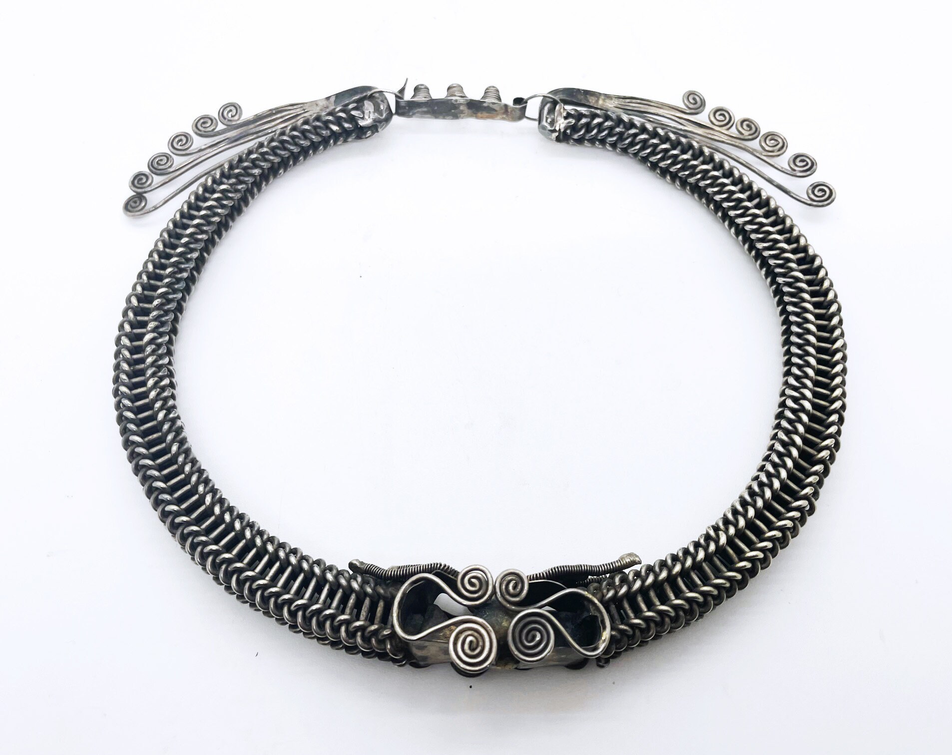 Antique Miao or Dong torque silver tribal necklace, hand-woven and worked - Yunnan or Guizhou - Chinese minority