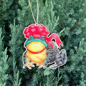 Festive Grumpy Bullfrog Wooden Ornament