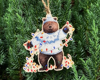 Festive Bear with Lights Wooden Ornament