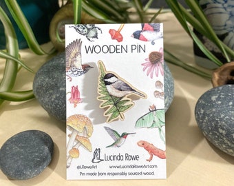 Carolina Chickadee on Fern Wooden Pin