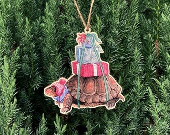 Festive Tortoise Carrying Presents Wooden Ornament