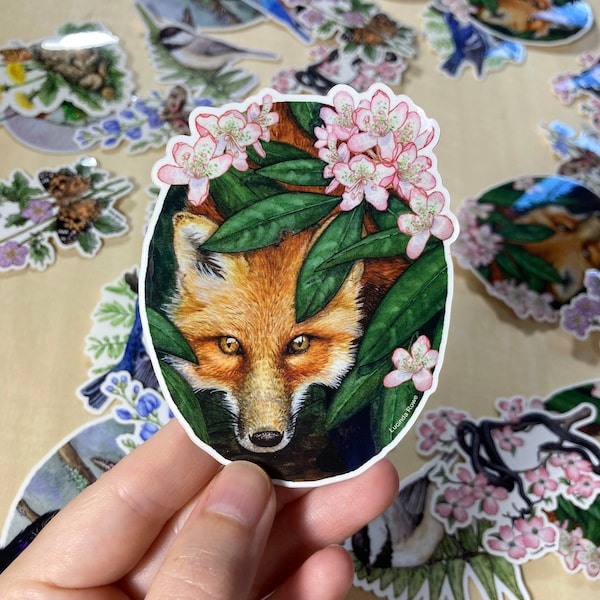 Vinyl Sticker - Red Fox with Rhododendron watercolor