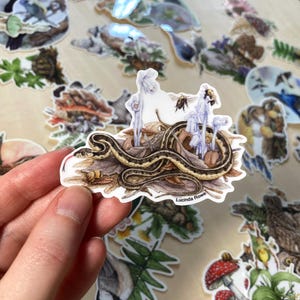 May include: A sticker featuring a detailed illustration of a garter snake coiled among fallen leaves, with a bee and delicate white flowers. The sticker has a white border and the artist's signature.