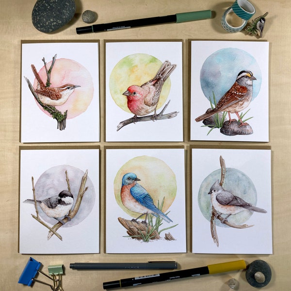 Note Card Set - 6 Backyard Birds on Blank Recycled Cards