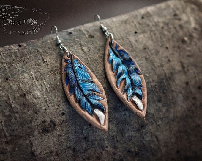 Hand Tooled Leather Carved Blue Jay Feather Earrings