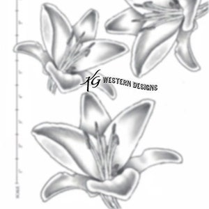 May include: A black and white line drawing of three lilies. The lilies are drawn in a realistic style and have a delicate, elegant look.