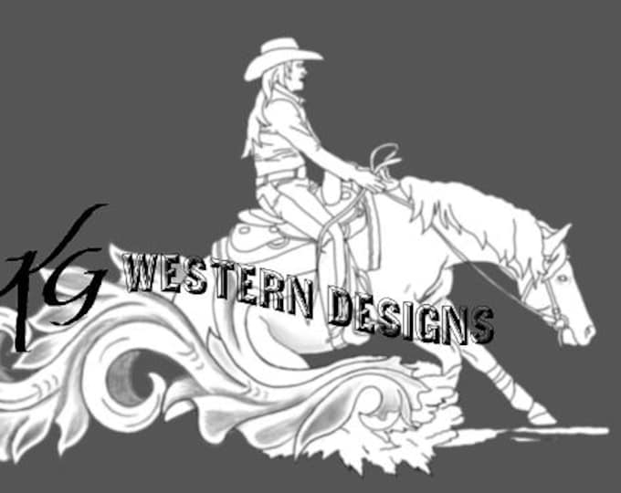 Reining Cowgirl and Horse, Western Scrollwork Carving, Tooling Tracing Design PDF Leather Pattern