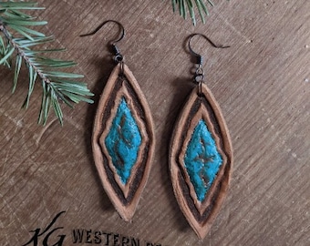 Hand Tooled-Leather Carved-Turquoise Stone Earrings