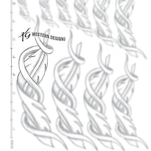 May include: A black and white line drawing of a stylized feather design. The design is repeated multiple times in different sizes and orientations. The design is labeled "Western Designs".