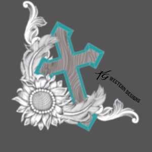 May include: A decorative design featuring a wooden cross with a teal outline, set against a grey background. The cross is surrounded by a sunflower and ornate floral elements. The text "TG Western Designs" is visible.