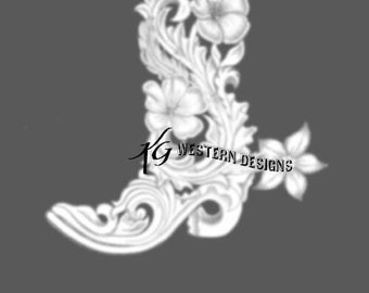 Western Boot with Spur Shape Design Floral Filigree Carving Leather Tooling Tracing Pattern