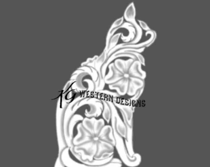 Cat Shaped Western Scrollwork Design Floral Carving Leather Tooling Tracing Pattern PDF