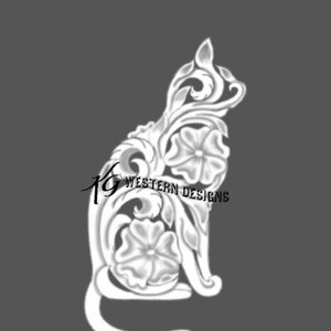 May include: A white silhouette of a cat with floral designs. The cat is sitting with its tail curled around its body. The design is intricate and detailed, with flowers and leaves forming the cat's body.