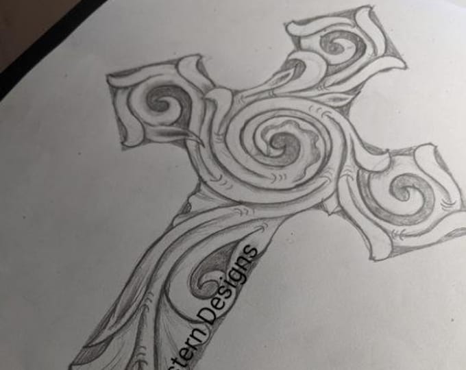 Western Cross Leather Tooling Tracing Design Pattern, Western Scrollwork And Vines.
