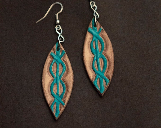 Tooled Leather Celtic Viking Design Dangle Earrings