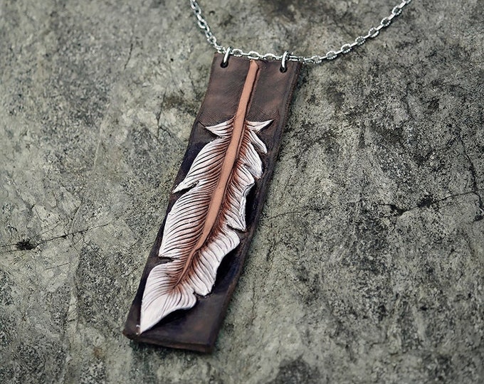 Carved Tooled Leather Feather Necklace Pendant