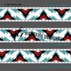 May include: A 1.75 inch wide belt with a geometric pattern in red, white, black, and turquoise. The pattern features a series of interlocking triangles and stars.