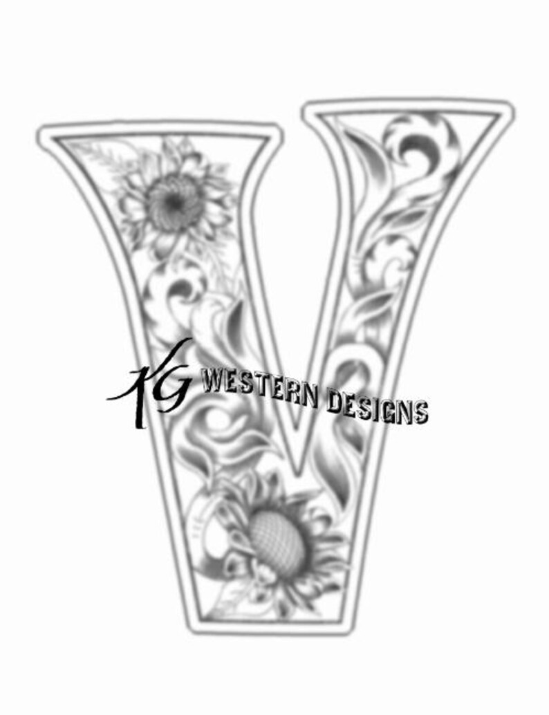 Letter V- Leather Tooling- Feathers-vines & Sunflowers Filigree Tracing ...