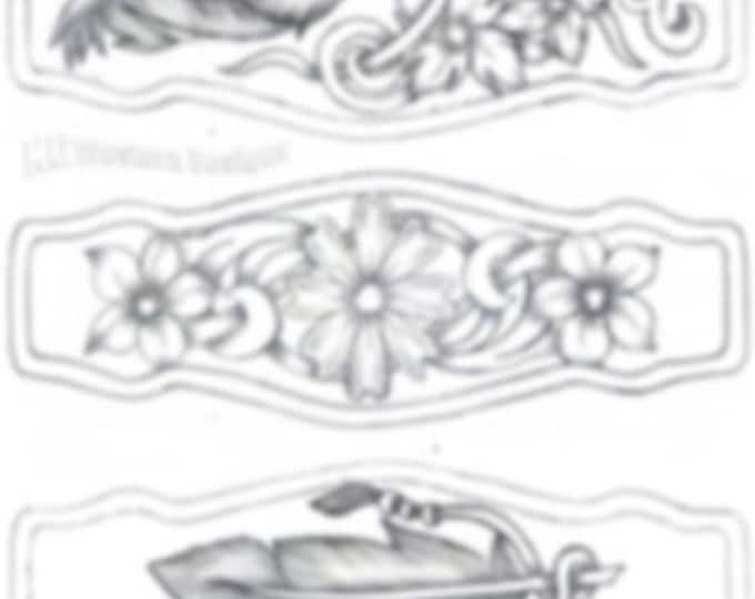 Leather Tooling Cuff Patterns- Feathers and Flowers with Vines- DIY Bracelet Pack with 3 Tooling Designs.