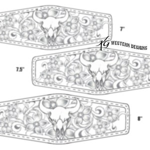 May include: A black and white line drawing of a bull skull with floral designs. The design is repeated three times in different sizes, measuring 7.5 inches, 7 inches, and 6 inches.