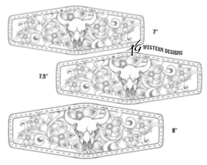 Leather Bracelet-Cuff 3 Sizes Print Out Tooling Cowskull & Floral Pattern Design