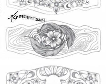 Feathers, Flowers and Cowskull Leather Tooling Bracelet Cuff Pattern Pack