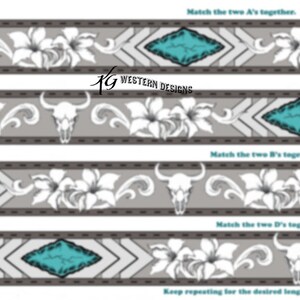 Op de afbeelding: Een herhalend patroonontwerp met een witte schedel, witte bloemen en turquoise geometrische vormen op een grijze achtergrond. De tekst "Match the two A's together." staat bovenaan de afbeelding.
