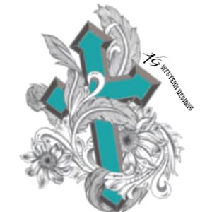 May include: A teal blue cross with a gray outline is surrounded by a gray floral design. The text "TG WESTERN DESIGNS" is in the upper right corner of the image.