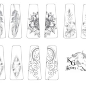 May include: A sheet of eight different designs for leather tooling. The designs include a feather, a sunflower, a floral design, and a diamond shape. The designs are all in black and white.