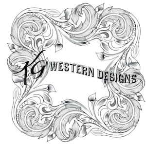 May include: A monochrome illustration of a square frame with detailed floral and leaf patterns. The text "19 WESTERN DESIGNS" is displayed within the frame, enhancing the decorative design.