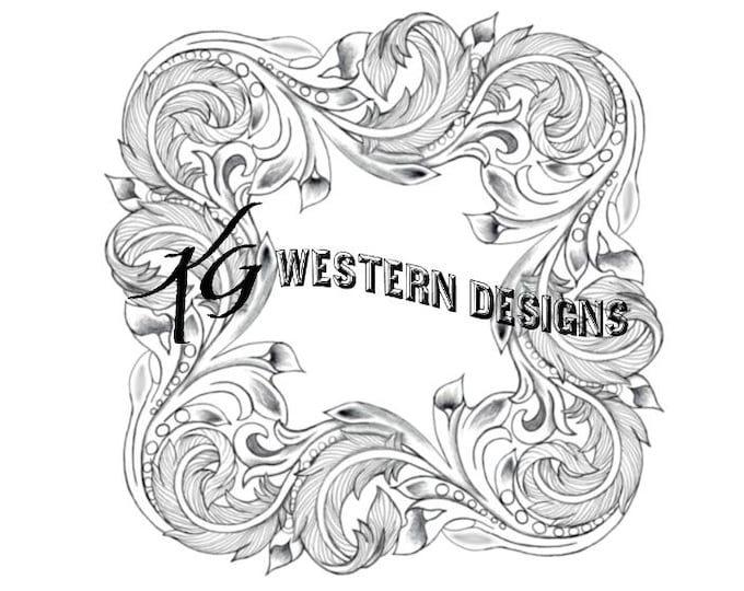 Leather Tooling Western-Feathers-Vines Square Frame Carving Tracing PDF Pattern