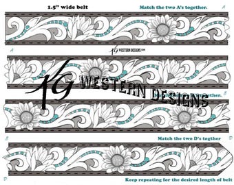 Leather Belt Pattern, Sunflowers, Vines and Scrolls, Tooling Design PDF 2 sizes Download