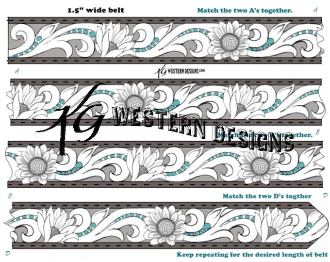 Leather Belt Pattern, Sunflowers, Vines and Scrolls, Tooling Design PDF 2 sizes Download