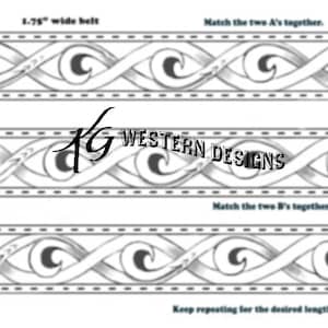 May include: A black and white line drawing showing how to create a 1.75 inch wide belt with a repeating pattern of interlocked waves. The instructions include matching the two A's together, matching the two B's together, and repeating the pattern for the desired length of the belt.