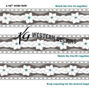 May include: Diagram showing how to create a braided belt with white and grey fabric and turquoise flowers. The instructions include matching the two A's together, matching the two B's together, and repeating for the desired length of the belt. The text "1.75" wide belt" is also included.