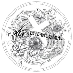 May include: Circular black and white design with floral and feather patterns, the text "YG WESTERN DESIGNS", and a large white cross shape. The design is enclosed within a dotted circle.