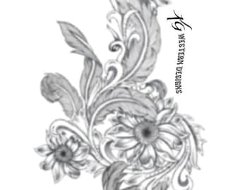 Leather Tooling Element Feathers-Sunflowers-Daisy Floral Vines- Tracing Tattoo Design Pattern